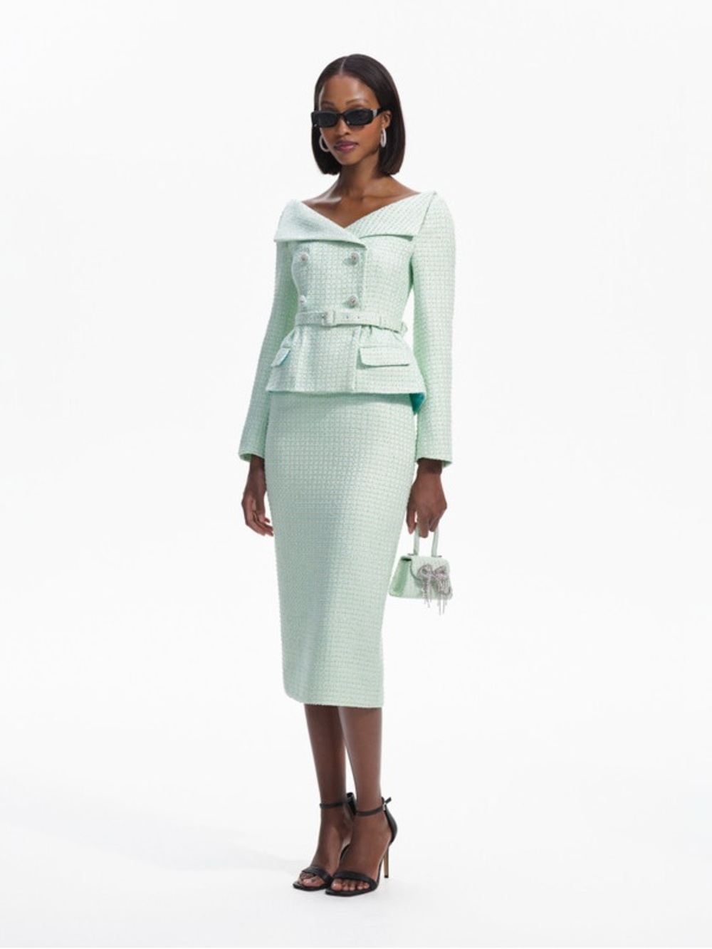 Self-Portrait Mint Green Tweed Midi Dress